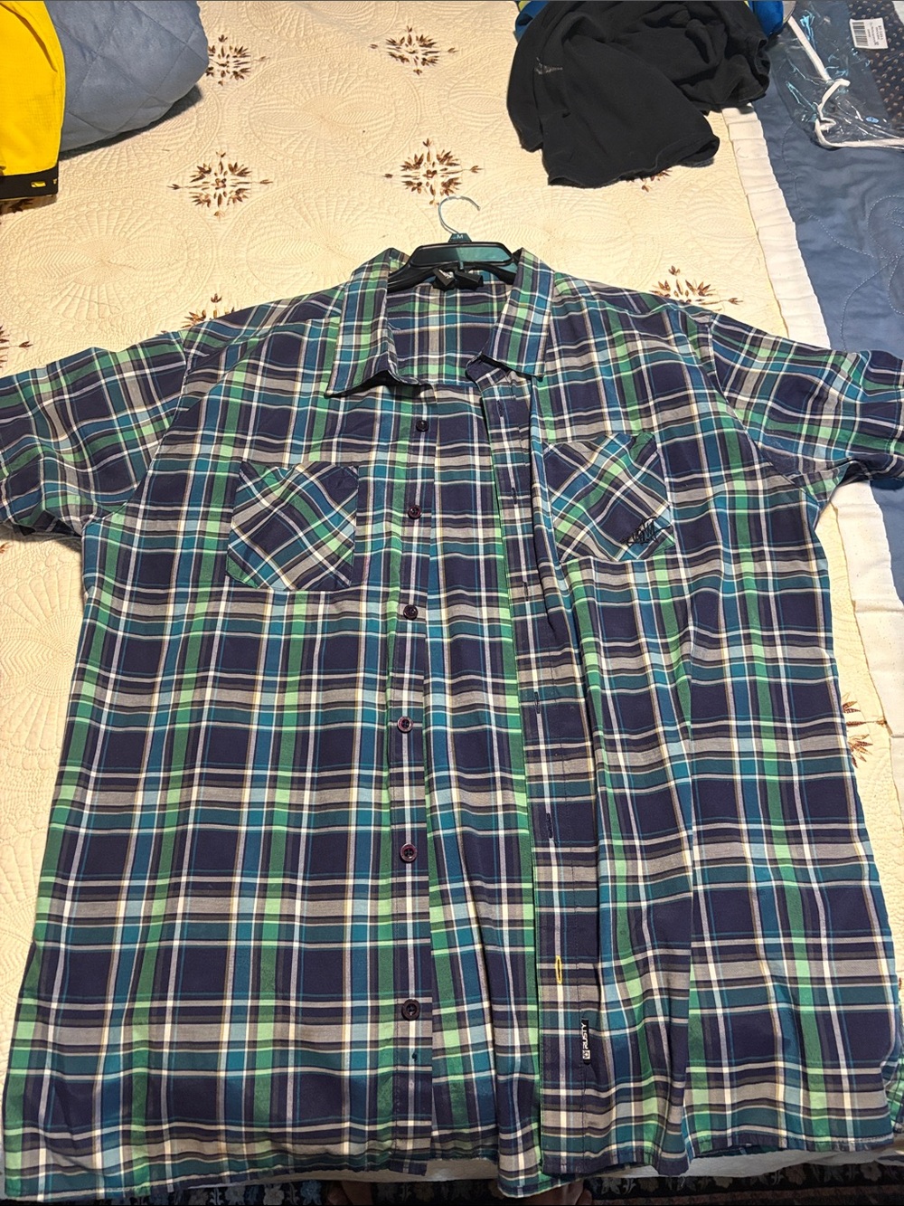 Rusty Men's Navy and Teal Plaid Short-Sleeve Button-Down Shirt